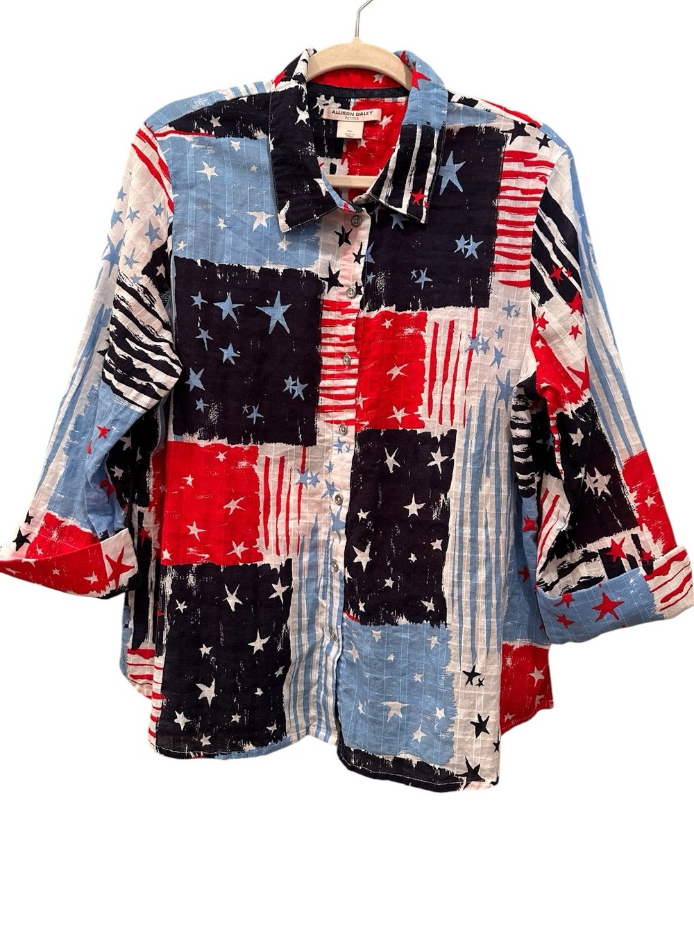 Allison Daley Patchwork Star Button-Down Shirt Patriotic USA Festive Sz L Petite